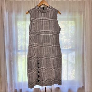 Sharagano Black & White Glen Plaid Shift Mock Neck Dress with Button Detail